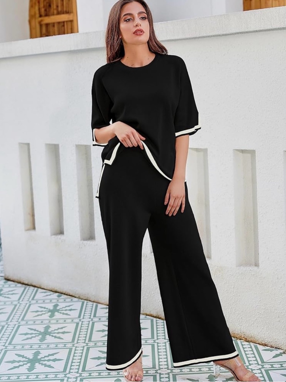Women's Black Two-Piece Wide-Leg Pant Set with Contrast Trim